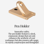 Pen holder with innovative safety features.