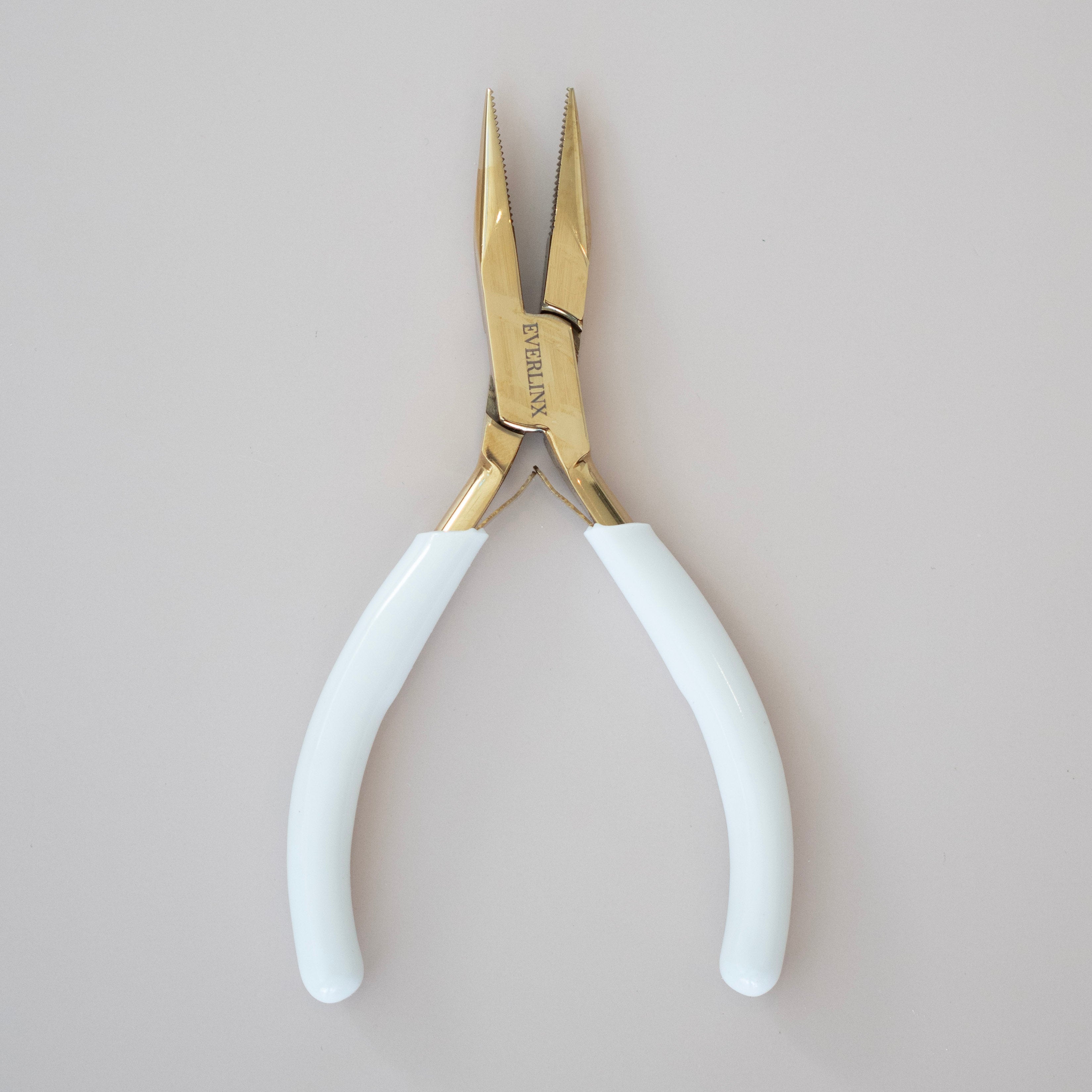 Pair of pliers with white handles on a light gray background
