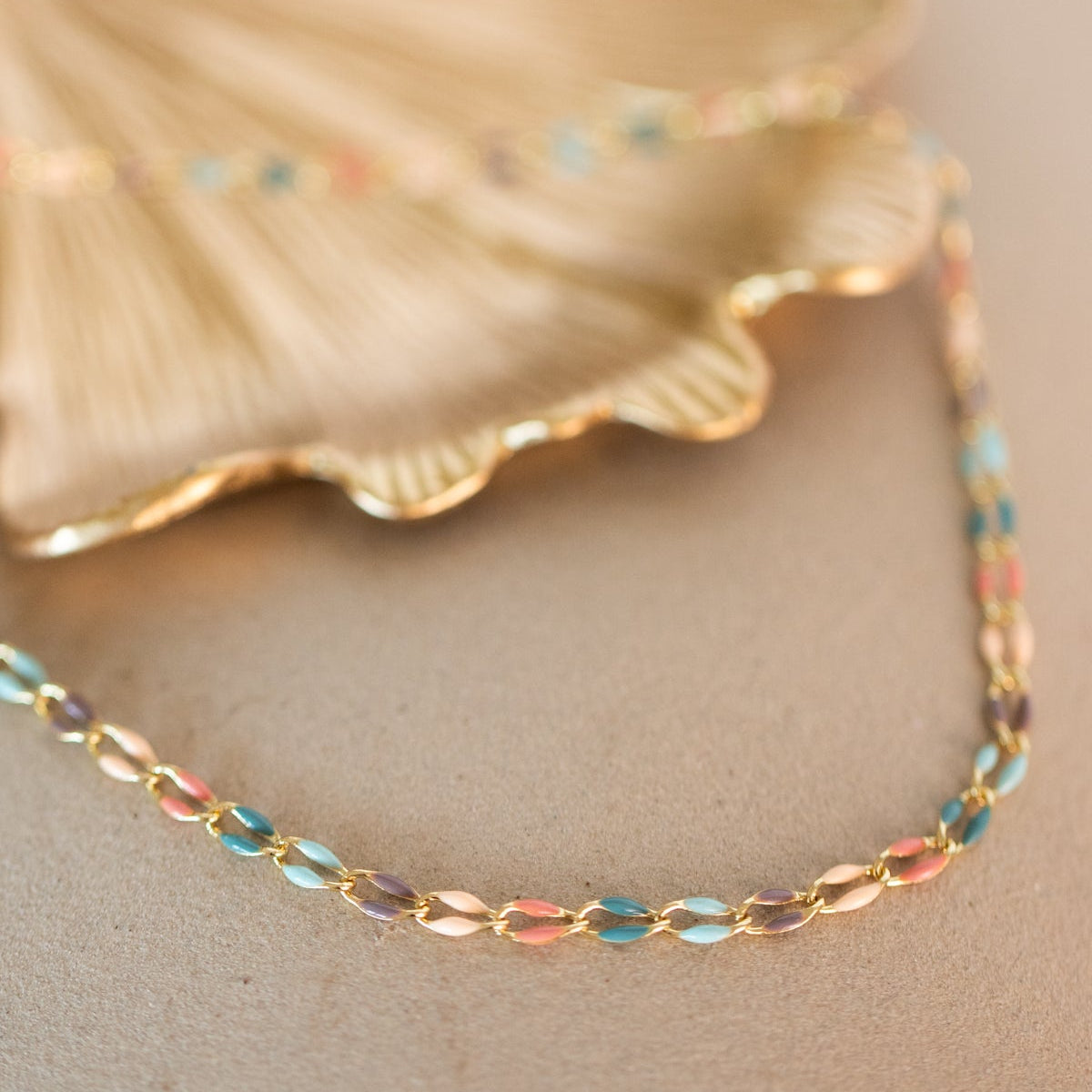 Gold chain necklace with colorful beads, A8B3ECC2-E9E9-469B-B4C4-6A84FE80B5AF