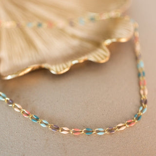 Gold chain necklace with colorful beads, A8B3ECC2-E9E9-469B-B4C4-6A84FE80B5AF