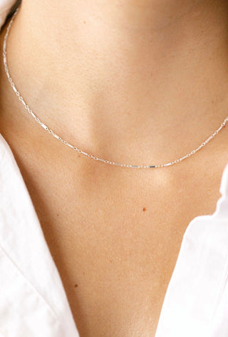Silver necklace on a person's neck (B752AA2F-A4C8)