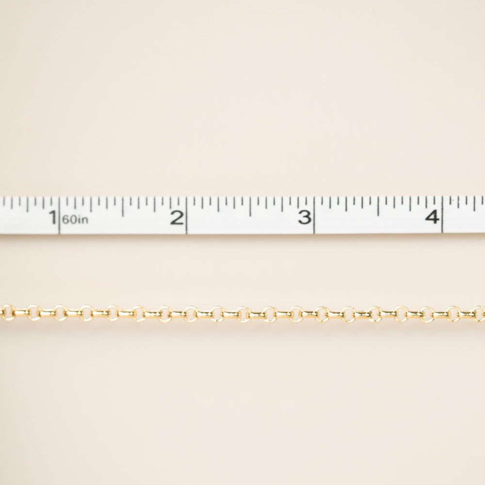 Gold chain on a beige background with a ruler for scale