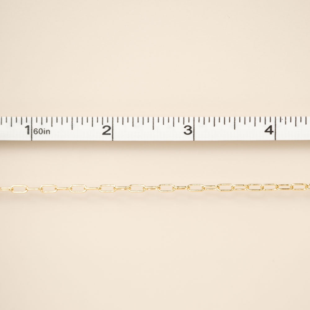 Gold chain on a beige background with a ruler for scale