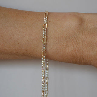 Gold chain bracelet on a person's wrist against a neutral background