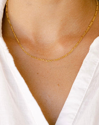 Gold chain necklace on white shirt